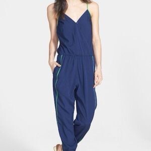 Anthropologie Porridge Jumpsuit Surplice Racing Stripe Navy Blue / Green Medium